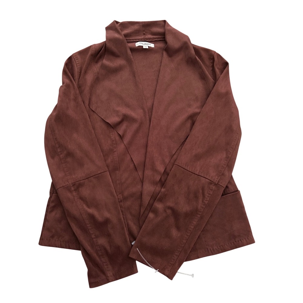 Max Studio London Faux Suede Draped Open Front Jacket Brown XS 2706M21